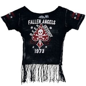 Affliction Fallen Angels AC/MC Distressed Rhinestone Fringe T Shirt Black M